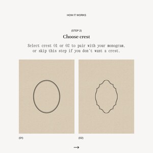 Step 2 of wedding monogram customization — choose oval or decorative crest frame to pair with your custom wedding monogram