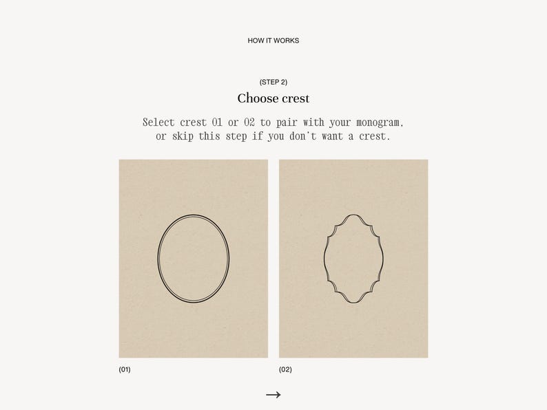 Step 2 of wedding monogram customization — choose oval or decorative crest frame to pair with your custom wedding monogram