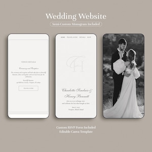 May include: A wedding website template displayed on three smartphone screens. The screens showcase venue details, a monogram, and a black and white photo of a couple. Text includes "Wedding Website" and "Semi-Custom Monogram Included."