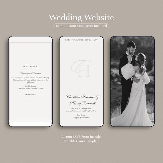 Wedding Website Template Canva, Elegant Black and White Wedding Website with RSVP, Digital Wedding Invitation, Custom Monogram