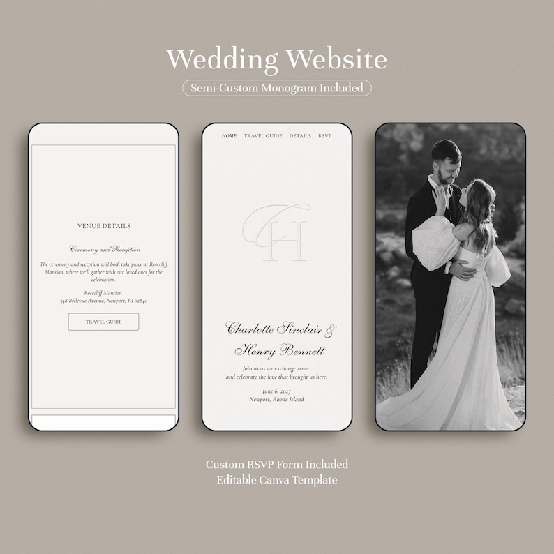 Elegant minimalist Canva wedding website template on phone — classic black and white wedding website with monogram, and wedding details