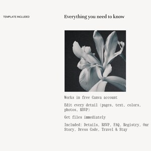Wedding website template pages included — details, RSVP, FAQ, registry, our story, dress code, travel and stay, fully editable in free Canva account