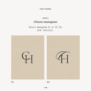step 1 of custom wedding monogram process — choose monogram style 01 or 02 for your initials, classic black and white wedding monogram design