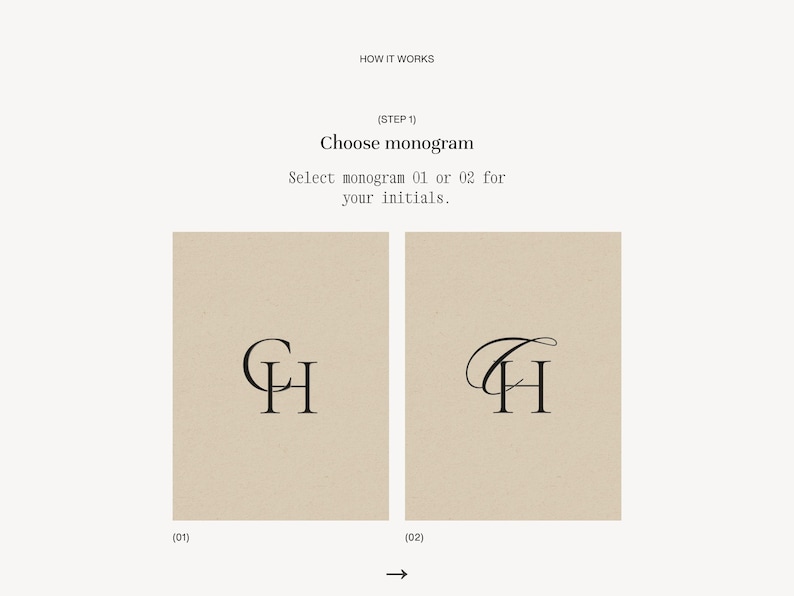 step 1 of custom wedding monogram process — choose monogram style 01 or 02 for your initials, classic black and white wedding monogram design