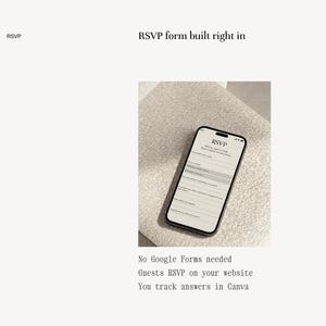 wedding website with rsvp form built directly into Canva wedding website template — no Google Forms needed, guests RSVP on your website, track responses in Canva