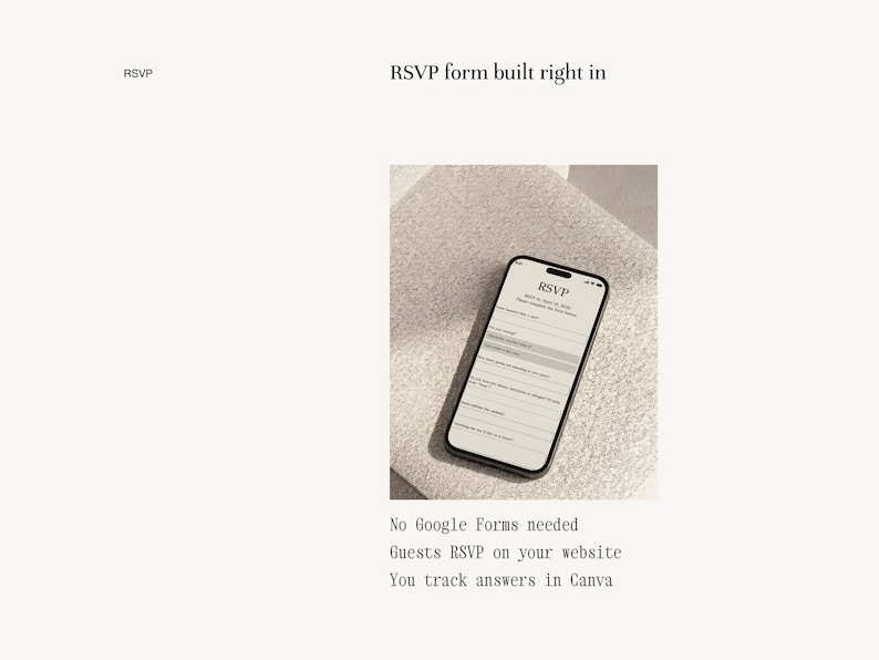 wedding website with rsvp form built directly into Canva wedding website template — no Google Forms needed, guests RSVP on your website, track responses in Canva