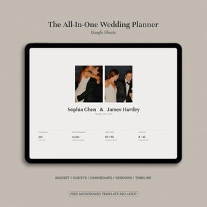 May include: A digital wedding planner interface displayed on a tablet screen. The layout features the text The All-In-One Wedding Planner, Google Sheets, two photos of a couple, the names Sophia Chen & James Hartley, and data trackers for budget, guests, and checklist.