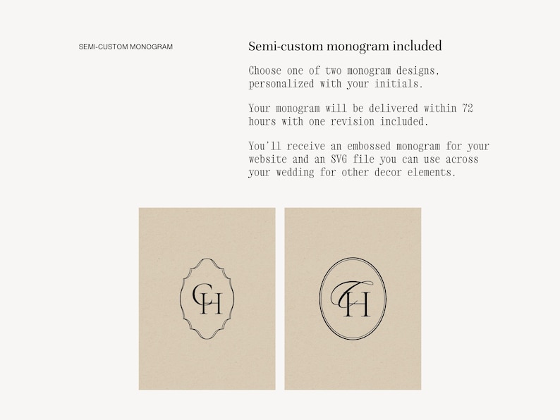 custom wedding monogram included with Canva wedding website template — two elegant monogram styles personalized with your initials, delivered within 72 hours with SVG file