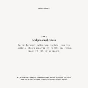Step 3 of custom monogram process — add personalization details including initials, monogram style, and crest choice for custom wedding website monogram
