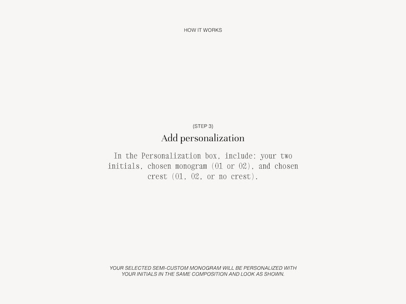 Step 3 of custom monogram process — add personalization details including initials, monogram style, and crest choice for custom wedding website monogram