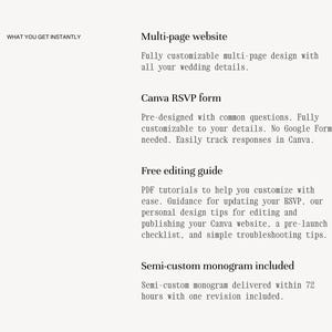 What you get instantly with this Canva wedding website template — multi-page website, RSVP form, free editing guide, and semi-custom monogram included