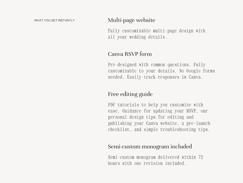 What you get instantly with this Canva wedding website template — multi-page website, RSVP form, free editing guide, and semi-custom monogram included