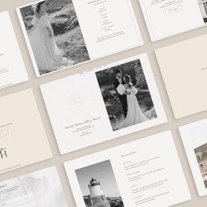 Multi-page Canva wedding website template layout — monochrome and soft beige wedding website, travel guide, details, RSVP, and wedding schedule pages