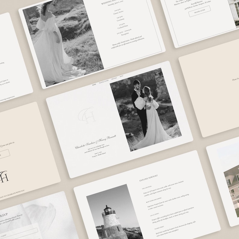 Multi-page Canva wedding website template layout — monochrome and soft beige wedding website, travel guide, details, RSVP, and wedding schedule pages