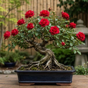 May include: A bonsai rose tree with a thick, textured, gnarled trunk and exposed roots, planted in a rectangular dark blue ceramic pot. The tree features numerous vibrant red rose blossoms in various stages of bloom and deep green leaves.