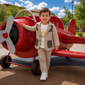 May include: A beige blazer with dark brown quilted patches on the shoulders and pockets, worn over a white t-shirt with the text "JEANS" and a letter "A" inside a hexagon, paired with beige trousers and white sneakers with hook-and-loop straps.
