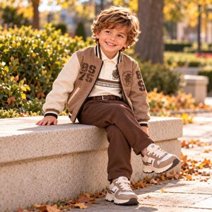 May include: A brown and beige varsity jacket with BS 75 lettering, worn over a cream polo shirt with a graphic print and text reading LEADER THE NEW GENERATION. Paired with brown trousers, a brown belt, and beige and white athletic sneakers.