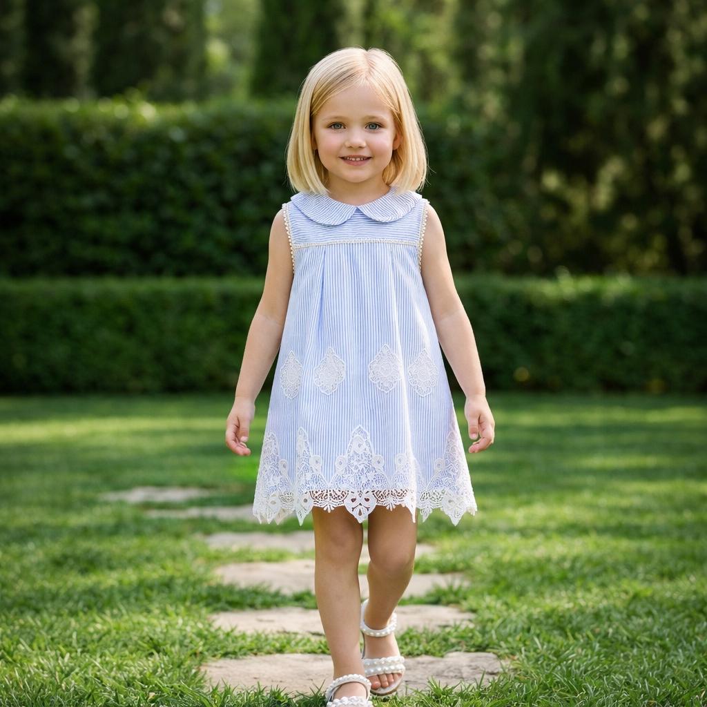 blue dress white peter pan collar Rachel Riley girls Peter Pan Collar Body, 3M, White main image 0