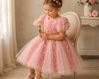 Toddler Flower Girl Dress, Toddler Birthday Dress, 3D Flower Tulle Dress 1-5 Years