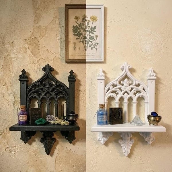 Étagère murale cathédrale gothique : autel noir flottant pour cristaux, bibelots et décor Witchy Dark Academia