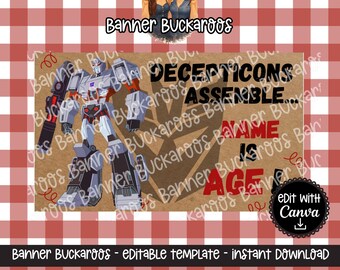 Robot Birthday Banner Template - Editable Canva, DIY Party Decor (Digital Download)