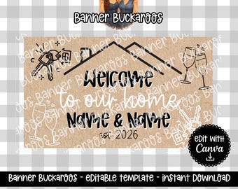 Plantilla editable de pancarta de bienvenida para fiesta de inauguración (descarga digital)