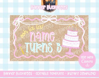 Paris Birthday Banner Template | Pink Cake Party Decor (Digital Download)