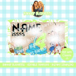 May include: A digital banner template featuring cartoon animal characters including a beaver, a blue snake, and a rabbit. The design includes the text "NAME ISSS..." and a large green number four. The background is a light brown rectangle with a light green border.