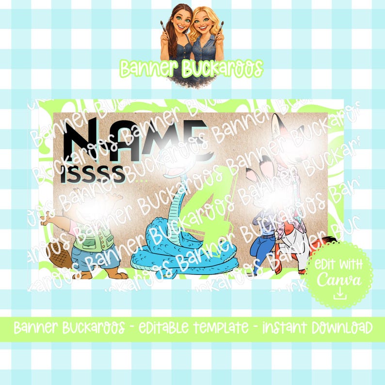 May include: A digital banner template featuring cartoon animal characters including a beaver, a blue snake, and a rabbit. The design includes the text "NAME ISSS..." and a large green number four. The background is a light brown rectangle with a light green border.