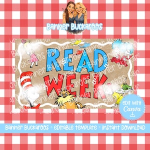 May include: A digital banner with the text "READ WEEK" in blue and red, featuring cartoon characters. The banner is on a tan background with a red and white checkered pattern. The words "Banner Buckaroos" are also visible.
