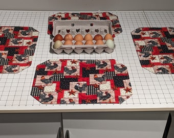 Black and Red Rooster Reversible Placemats (Set of 4)