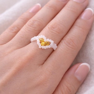 Milky Lemon Beaded Ring, Cute Yellow Crystal Ring, Handmade Seed Bead Ring, Minimalist Dainty Jewelry, Summer Gift for Her