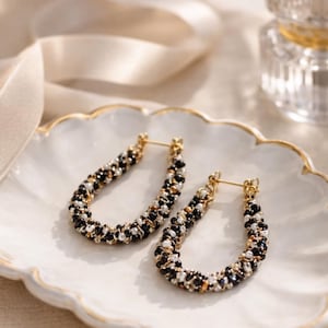 Elegant Beaded Teardrop Earrings – Black, White and Gold Handmade Statement Earrings