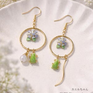 Frog Hydrangea Bouquet Hoop Earrings – Asymmetrical Gold Hoop Earrings with Floral Beads and Pearl Charms, Cute Handmade Statement Earrings