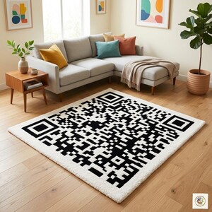 May include: A large, rectangular white rug featuring a black QR code pattern. The rug is positioned on a wooden floor in a living room, with a grey sofa and colourful cushions visible in the background.