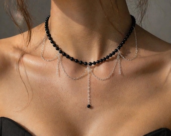 Zwarte chokerketting, kralensieraden met 925 zilveren kettingen, minimalistische stijl, cadeau voor haar