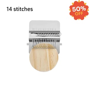 May include: A stainless steel pasta cutter with a wooden base. The text "14 stitches" is above the cutter. A red and yellow "50% OFF" sticker is in the upper right corner. The cutter has multiple parallel blades.