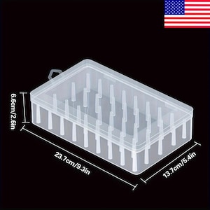 May include: A clear plastic rectangular storage box with a lid. The box has internal dividers and dimensions of 9.3 inches long, 5.4 inches wide, and 2.6 inches high. An American flag is in the upper right corner.