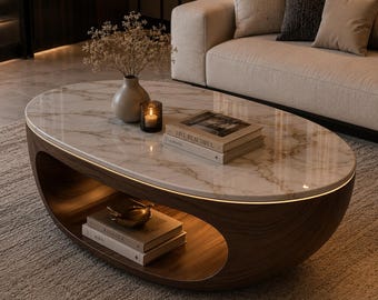 Modern Oval Coffee Table, Marble Top, Walnut Wood, LED Accent, Luxury Living Room Furniture