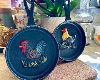 Vintage Farmhouse Cast Iron Mini Skillets Rooster&Hen Set of 2