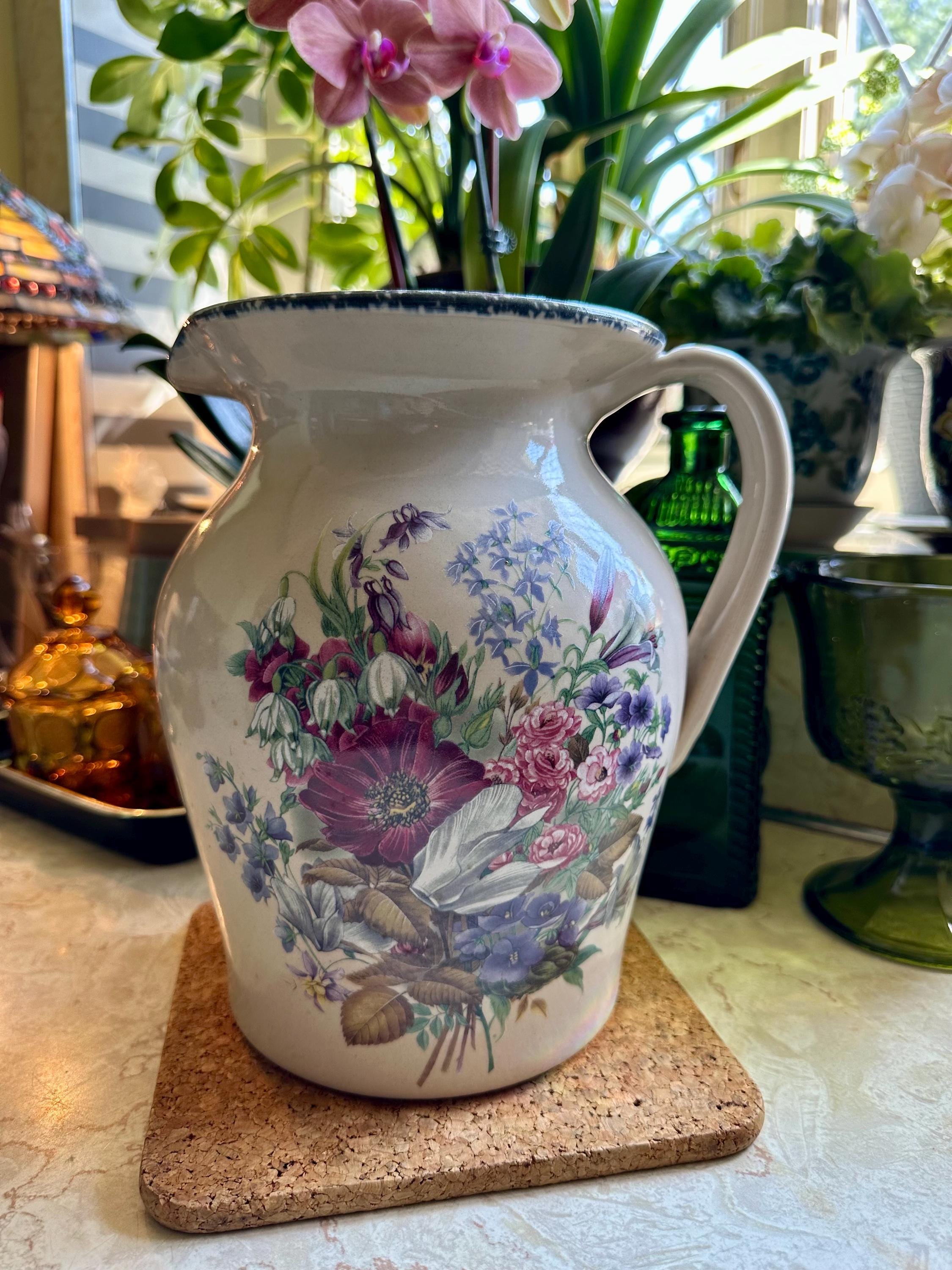 Home & Garden Party Floral Stoneware Pitcher April2001 9 1/2