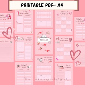 May include: A collection of printable PDF planner pages in various designs, including study, yearly, weekly, and daily planners. The pages are predominantly pink with decorative elements like hearts and cute illustrations. The text "PRINTABLE PDF- A4" is at the top.