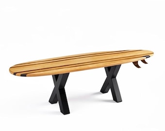 Mesa de centro con forma de tabla de surf – Madera maciza hecha a mano / Personalizable / Resina epoxi brillante / Decoración estilo casa de playa costera / Patas de metal / Grabado personalizado