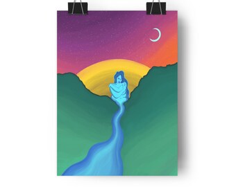 Blue River Goddess Giclée Art Print | Surreal Sunset Landscape