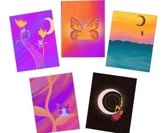 Women's Empowerment Greeting Cards – Butterfly Moon Goddess Art (5-Pack)