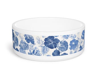 Niebieska akwarelowa miska dla zwierząt z hibiskusem | Ceramiczna miska dla psa i kota w kwiaty