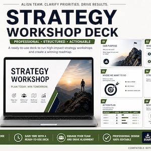 Könnte beinhalten: Ein Laptop zeigt eine Präsentation "Strategy Workshop Deck". Das Deck ist für den professionellen Gebrauch konzipiert und enthält Abschnitte zu Zweck, Prioritäten und Aktionsplänen. Das Bild enthält auch Symbole und Text zur Produktwerbung.