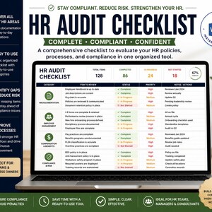 May include: A laptop displays an HR Audit Checklist, with a comprehensive list to evaluate HR policies. The screen shows a table with categories, item reviews, status, priority, and notes. The laptop is on a desk with a plant.