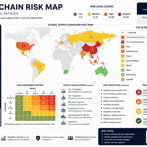 May include: A supply chain risk map with a world map showing risk levels. The map highlights risk hotspots and includes a risk assessment matrix, risk indicators, and response strategies. The text reads: Visualize, Prioritize, Mitigate.