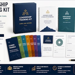 May include: A leadership training kit with a navy blue box and matching notebooks. The kit includes a leader's guide, participant workbook, and various training modules. The kit is designed to develop leadership skills and improve team performance.